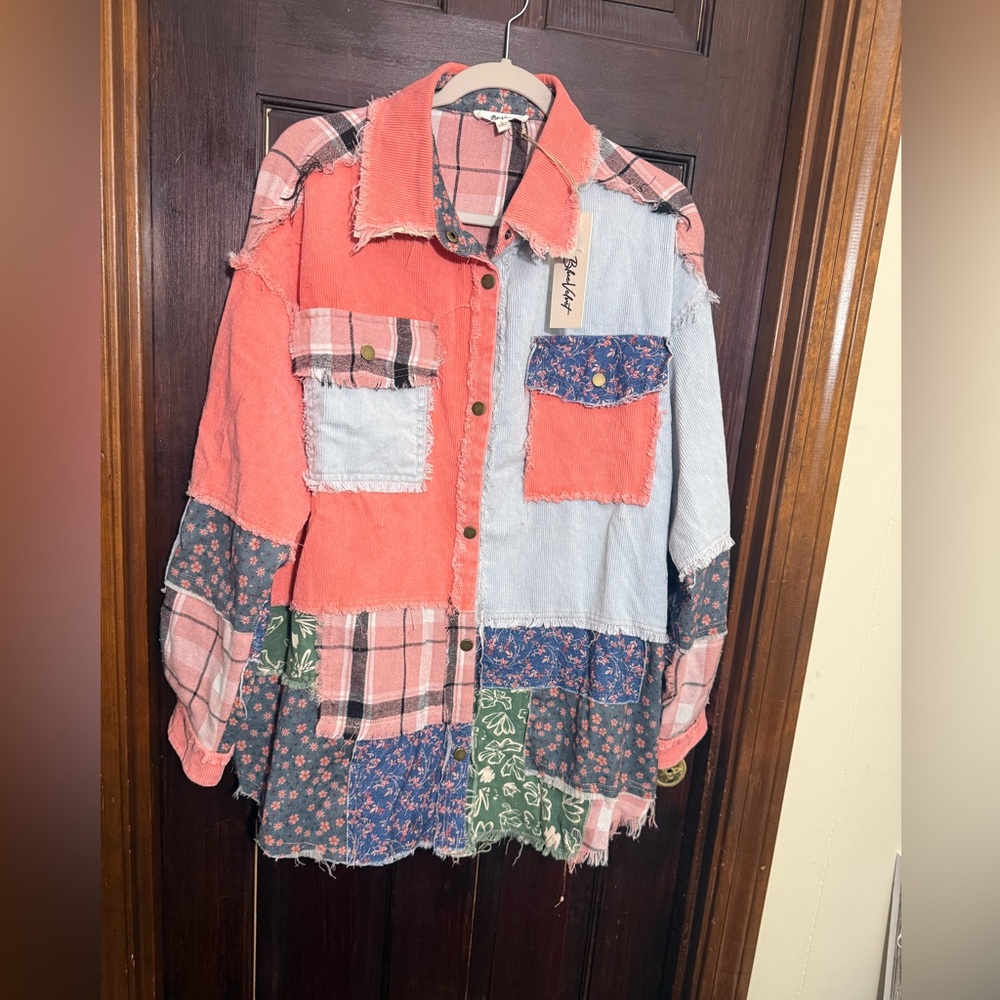 NWT BLUE VELVET CORAL PATCHWORK CORDUROY MIXED FABRIC RAW HEMS SHACKET SZ SMALL